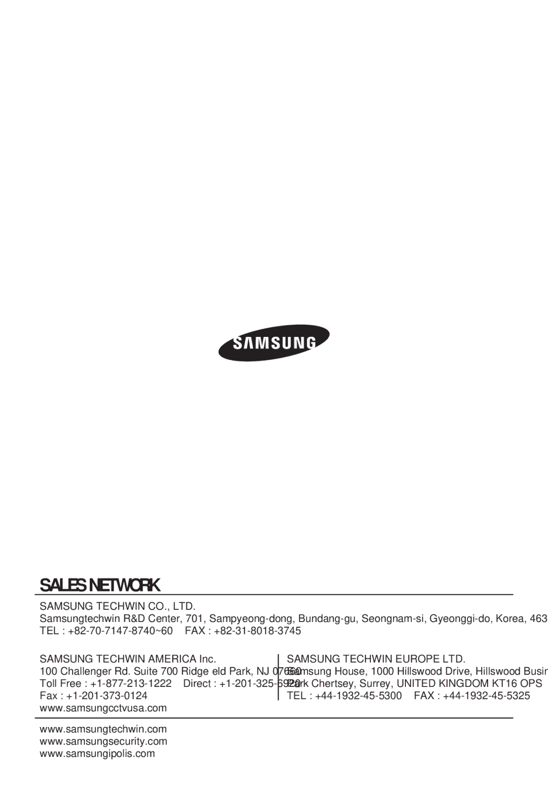 Samsung SNB-7000 user manual Sales Network 