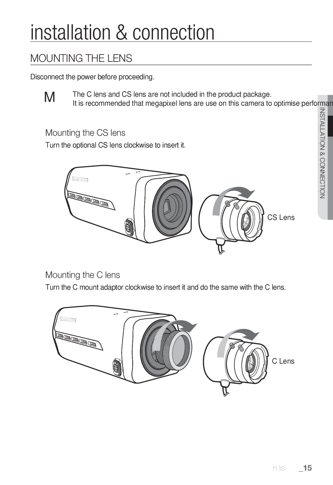 Samsung SNB-7000 Mounting the Lens, Mounting the CS lens, Mounting the C lens, Disconnect the power before proceeding 