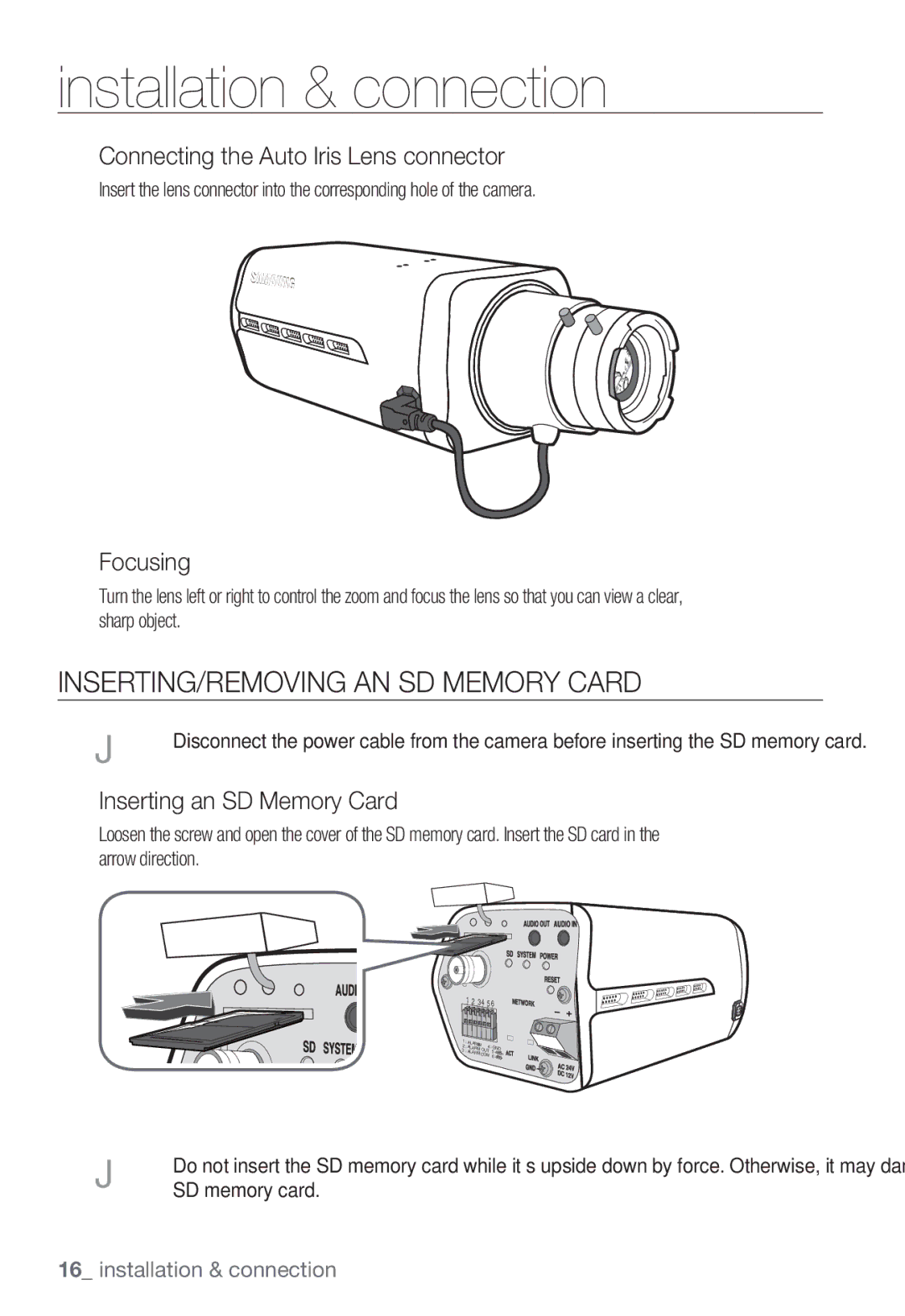 Samsung SNB-7000 user manual INSERTING/REMOVING AN SD Memory Card, Connecting the Auto Iris Lens connector, Focusing 