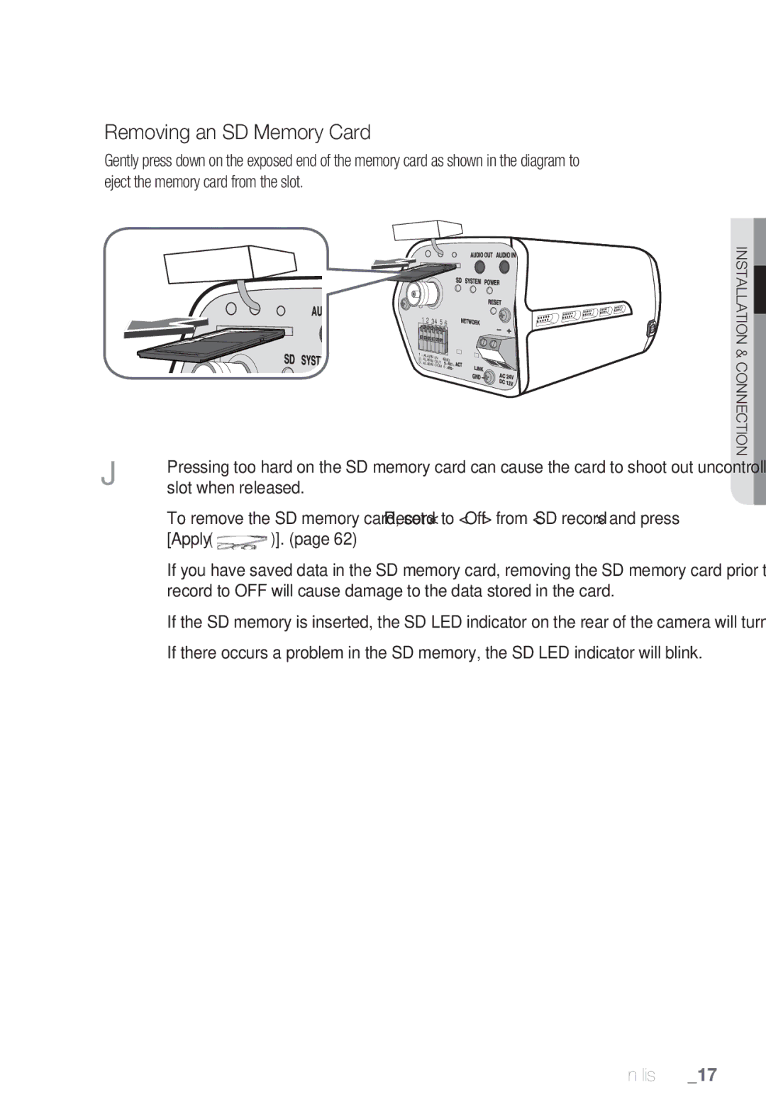 Samsung SNB-7000 user manual Removing an SD Memory Card, Apply 