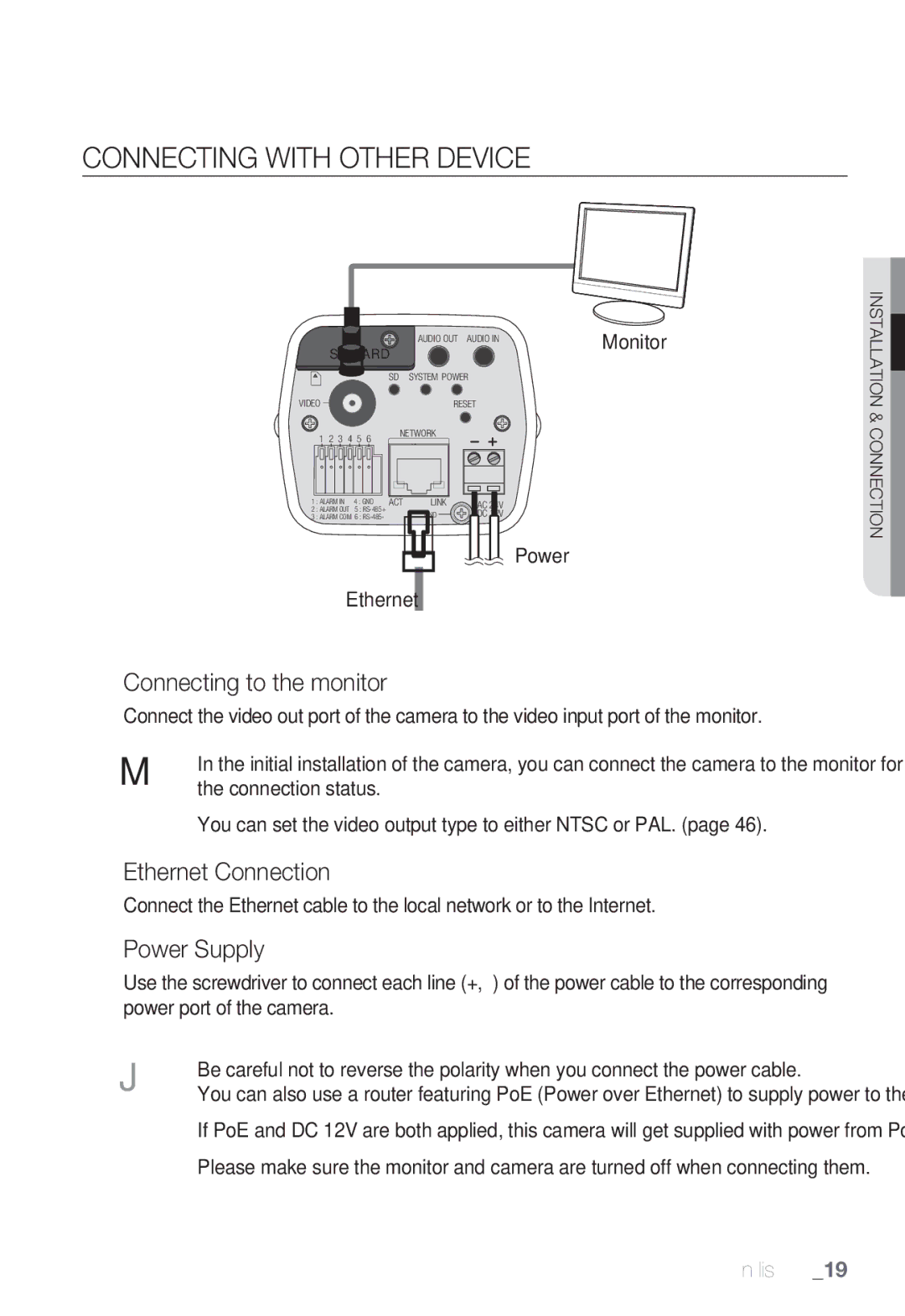 Samsung SNB-7000 user manual Connecting with Other Device, Connecting to the monitor, Ethernet Connection, Power Supply 