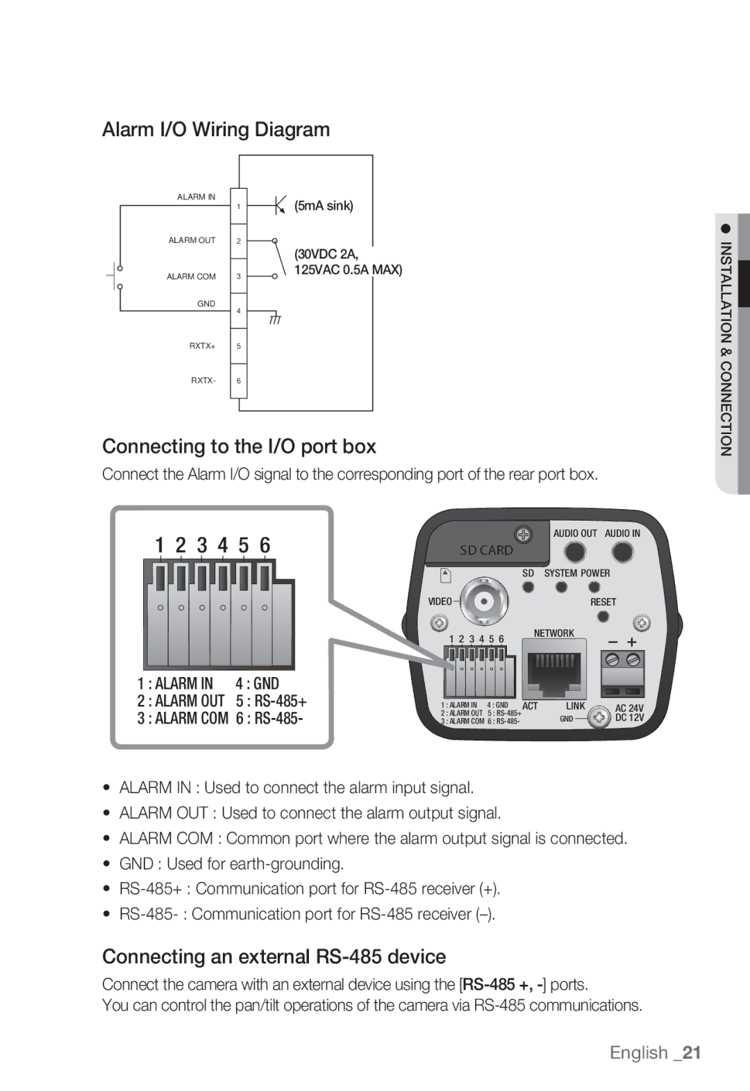 Samsung SNB-7000 user manual Alarm I/O Wiring Diagram, Connecting to the I/O port box, Connecting an external RS-485 device 