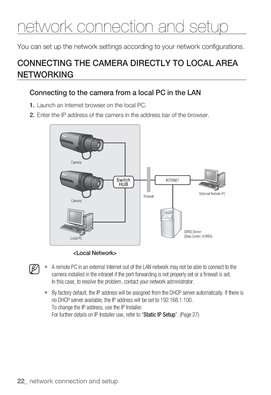 Samsung SNB-7000 user manual Connecting the Camera Directly to Local Area Networking, Local Network 