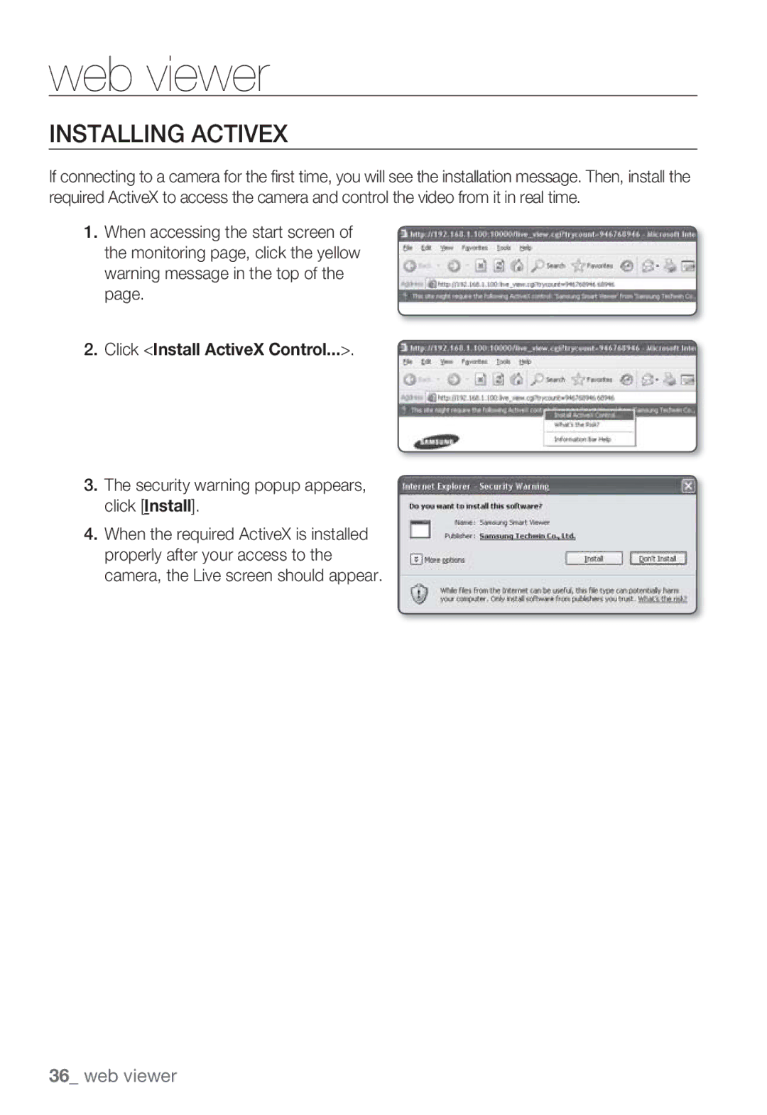 Samsung SNB-7000 user manual Installing Activex, Security warning popup appears, click Install 
