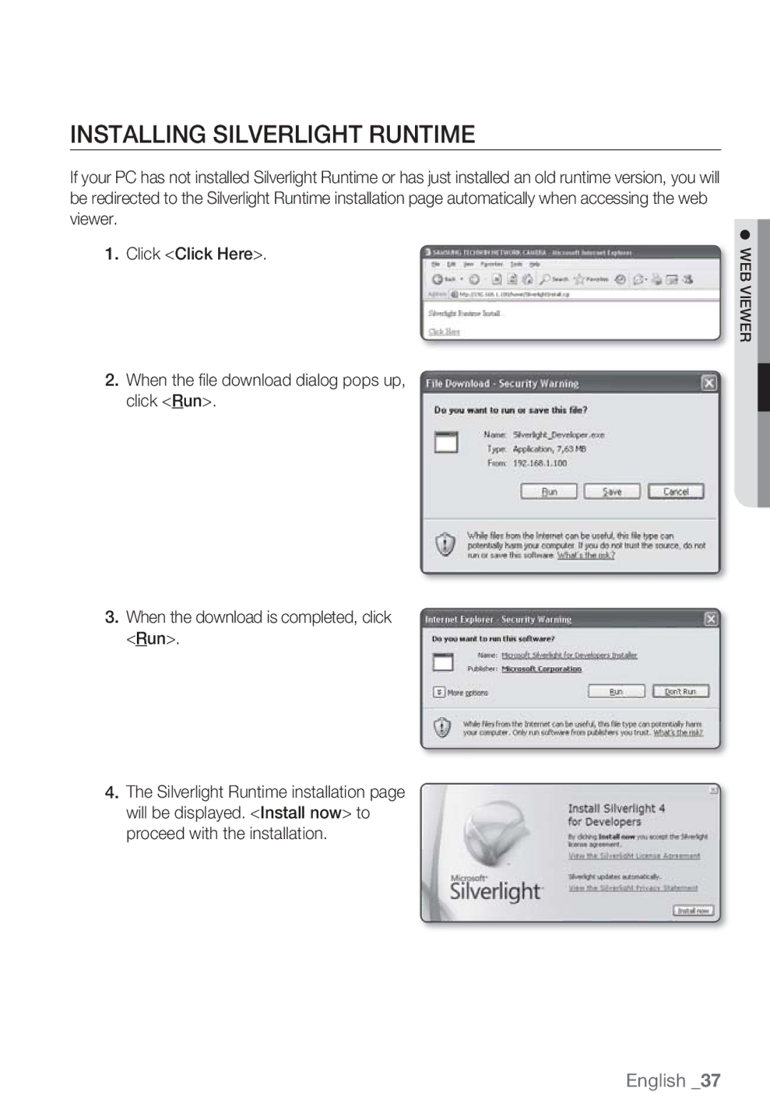 Samsung SNB-7000 user manual Installing Silverlight Runtime 