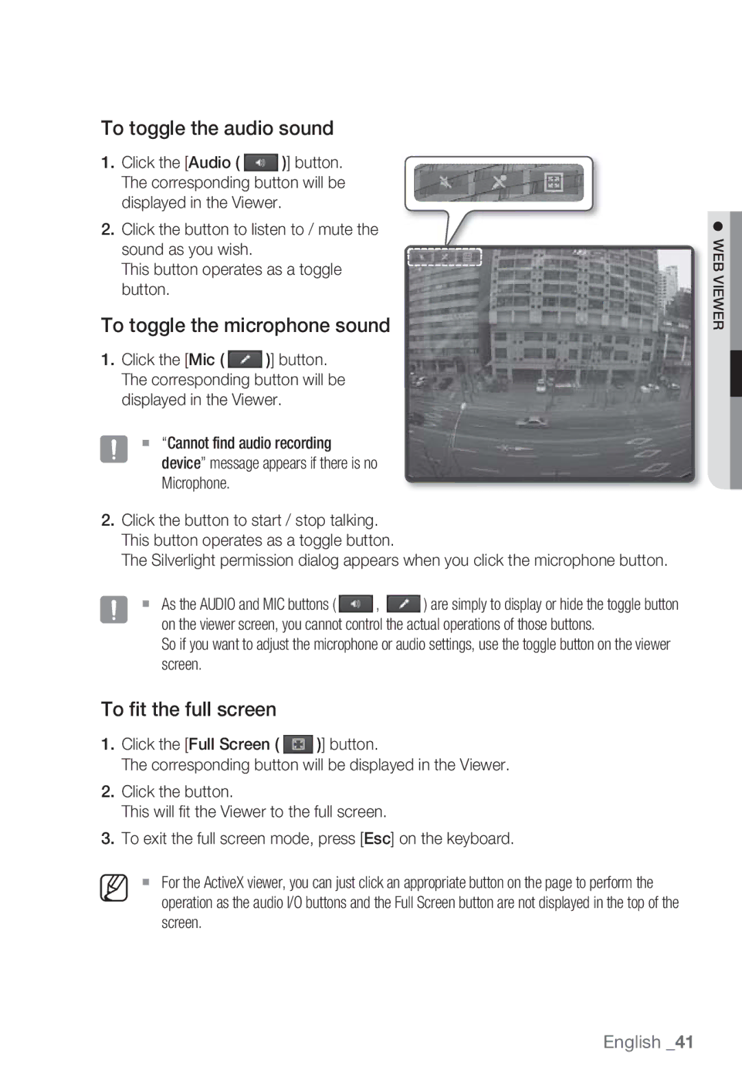 Samsung SNB-7000 user manual To toggle the audio sound, To toggle the microphone sound, To fit the full screen 