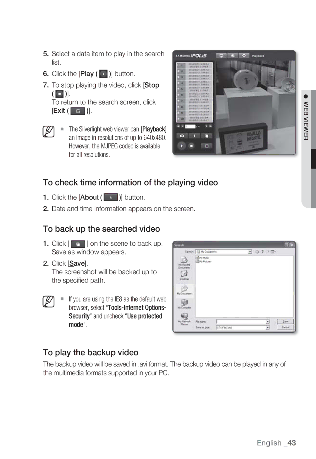 Samsung SNB-7000 To check time information of the playing video, To back up the searched video, To play the backup video 