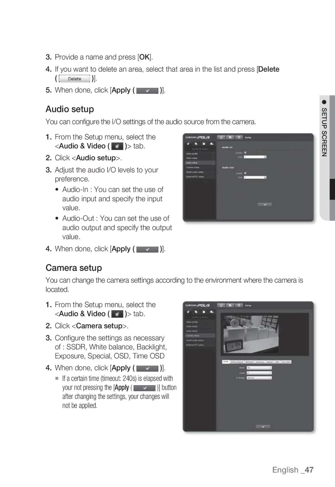 Samsung SNB-7000 user manual Audio setup, Camera setup 