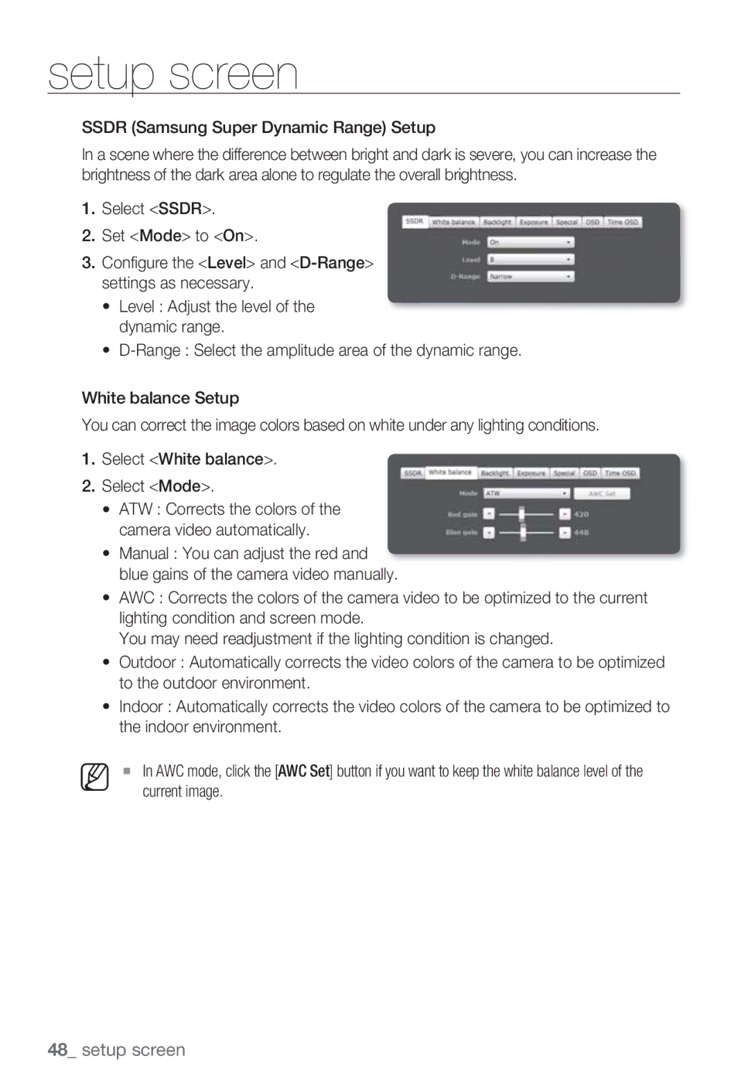 Samsung SNB-7000 user manual Ssdr Samsung Super Dynamic Range Setup 