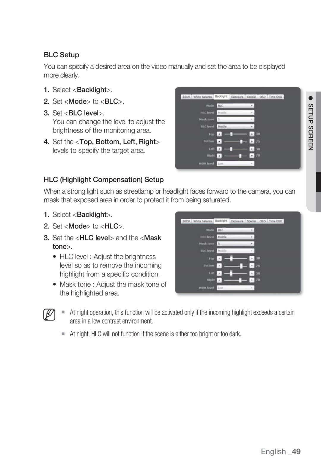 Samsung SNB-7000 user manual HLC Highlight Compensation Setup 