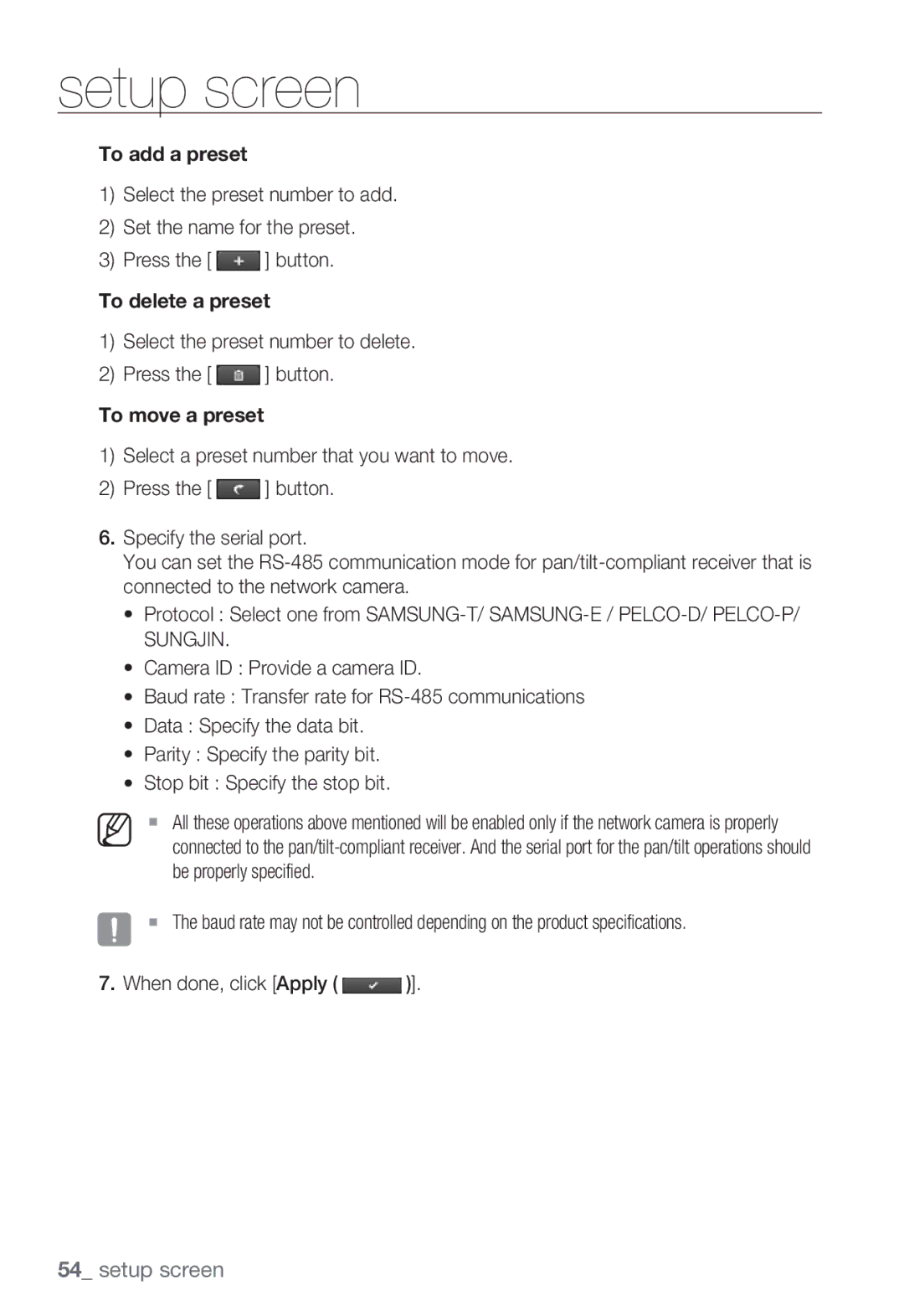 Samsung SNB-7000 user manual Select the preset number to delete Press the button, To move a preset 