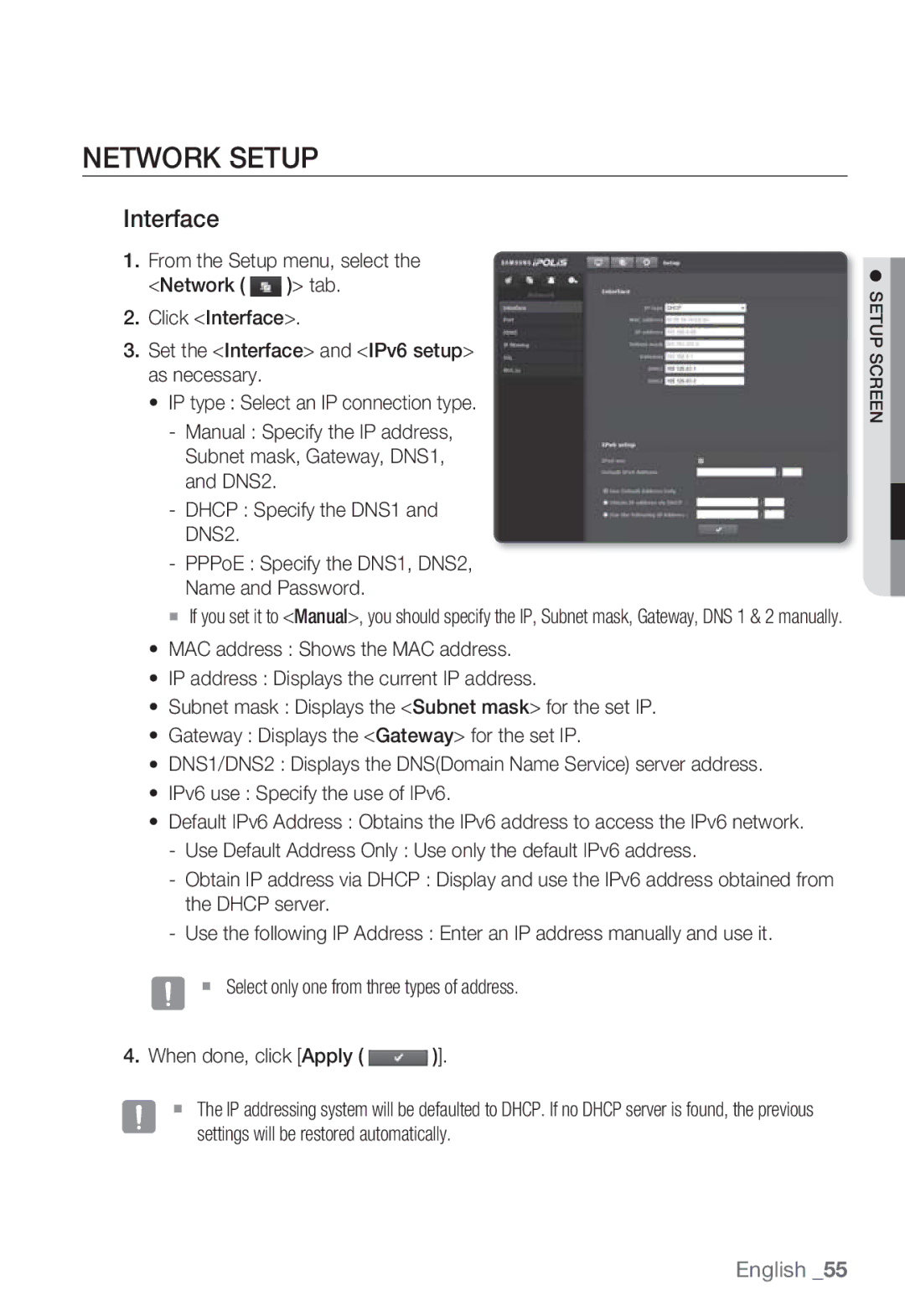 Samsung SNB-7000 user manual Network Setup, Interface 