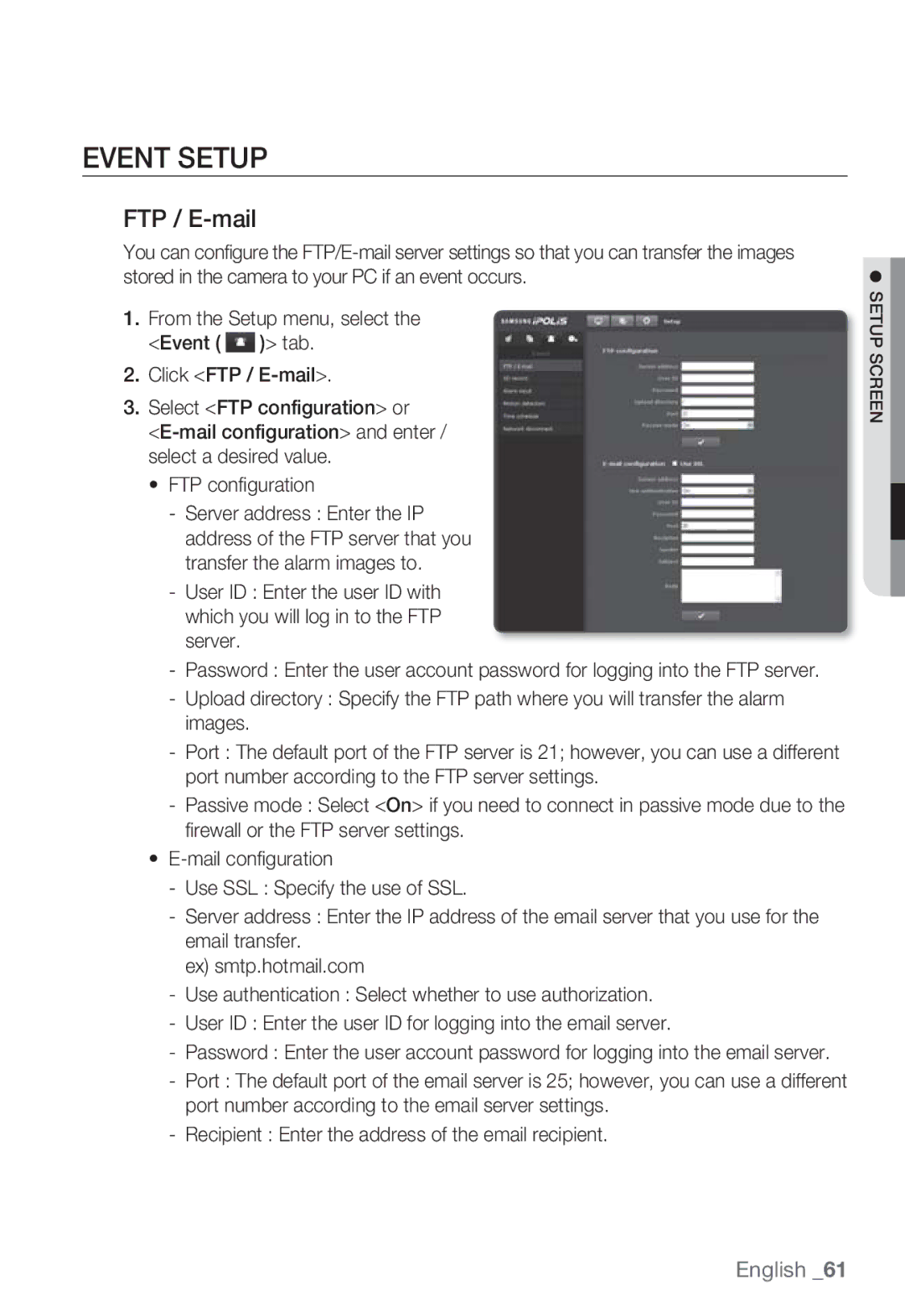 Samsung SNB-7000 user manual Event Setup, FTP / E-mail 