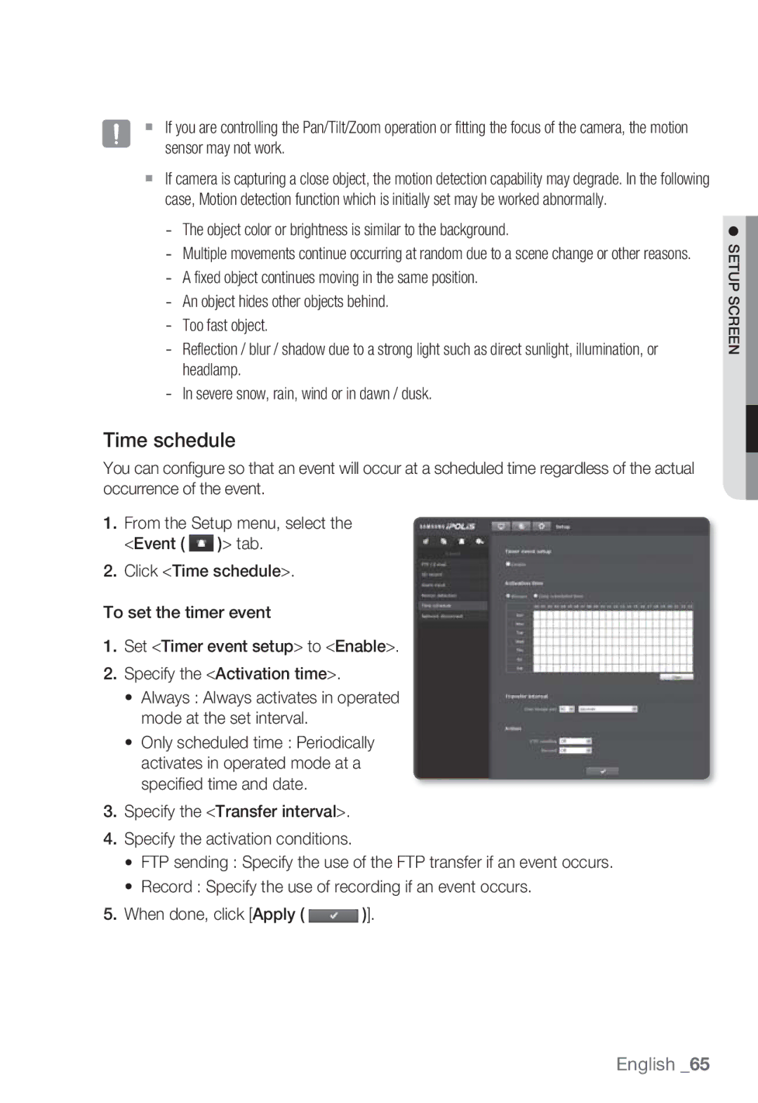 Samsung SNB-7000 user manual Time schedule, Object color or brightness is similar to the background 