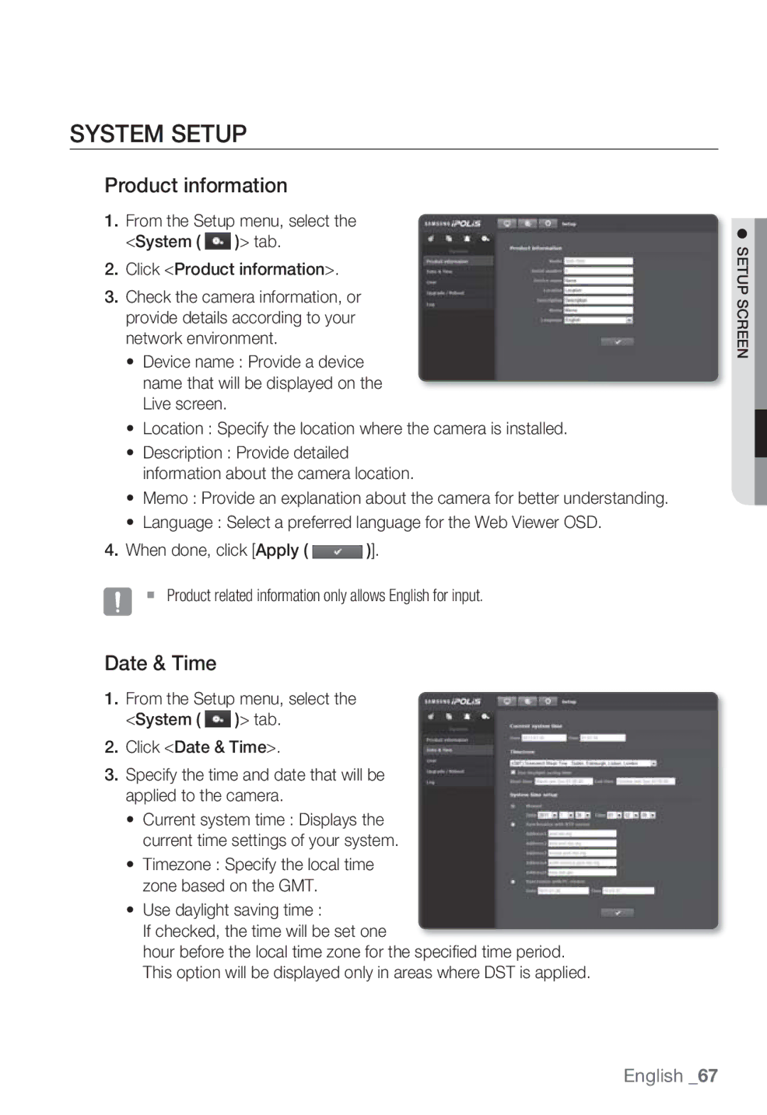 Samsung SNB-7000 user manual System Setup, Product information, Date & Time 