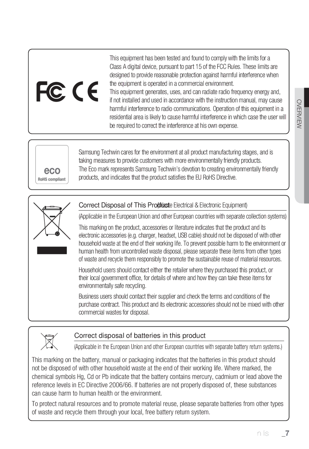 Samsung SNB-7000 user manual Correct disposal of batteries in this product 