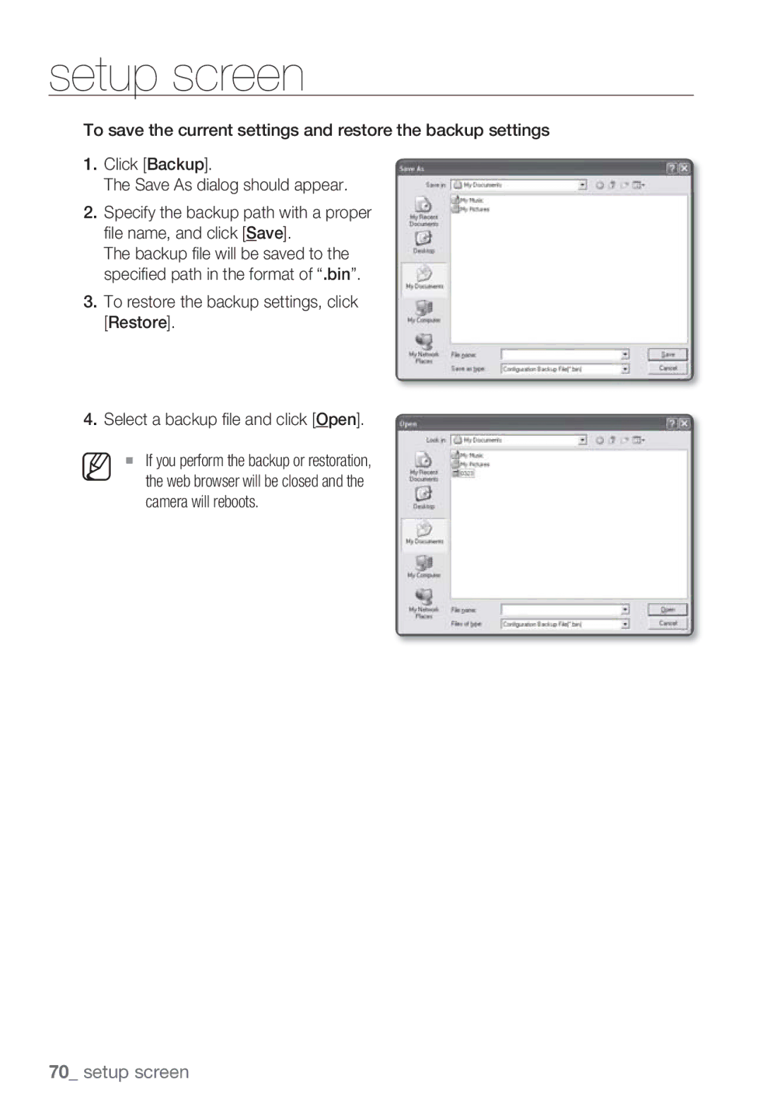 Samsung SNB-7000 user manual Setup screen 