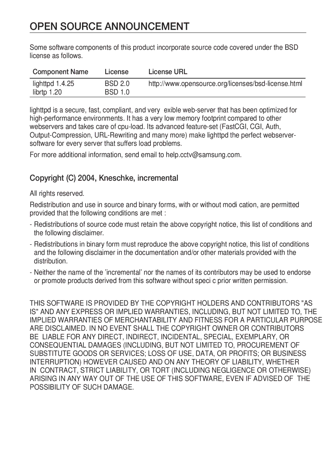 Samsung SNB-7000 user manual Open Source Announcement, Copyright C 2004, Kneschke, incremental 