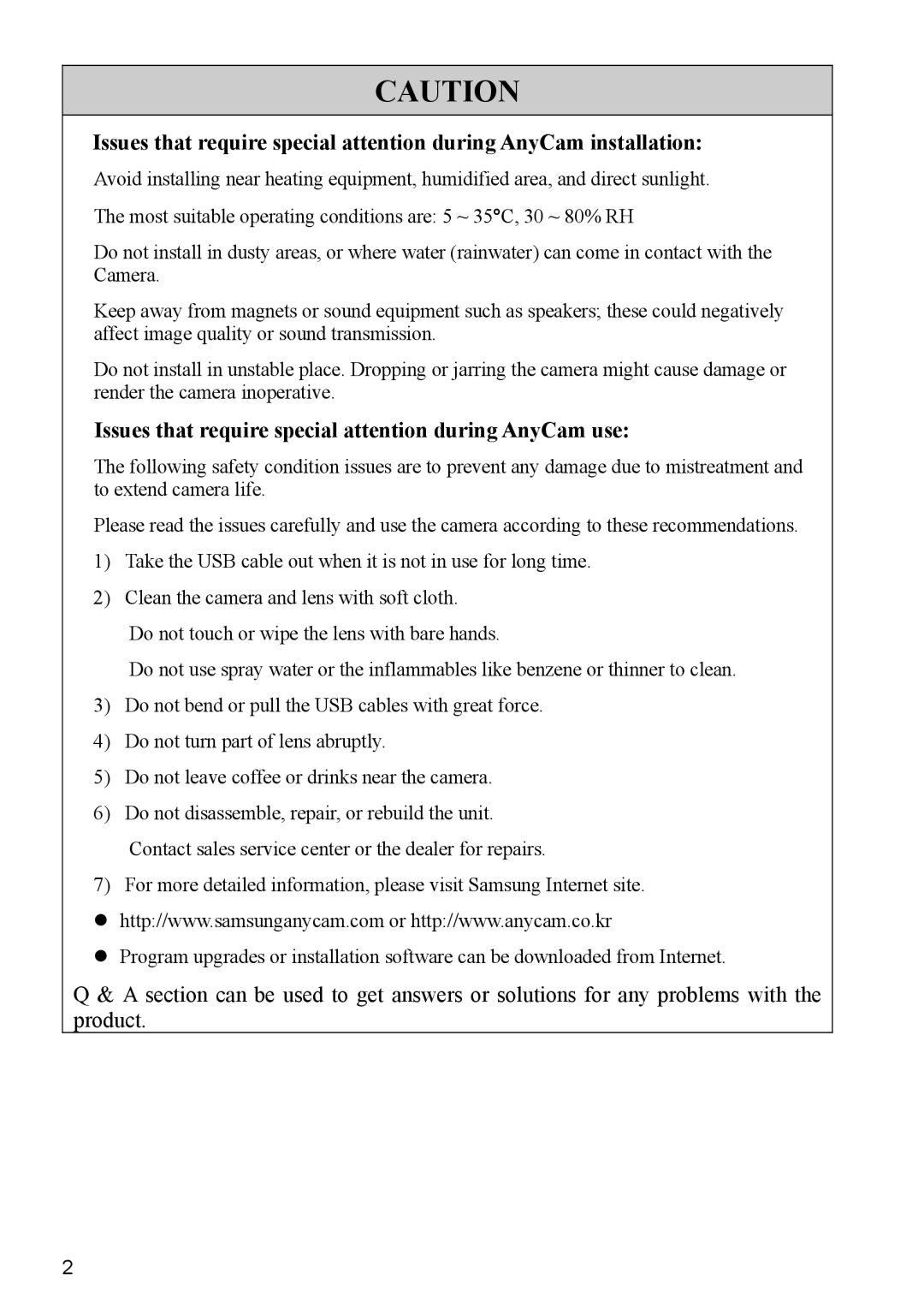 Samsung SNC-35E warranty Issues that require special attention during AnyCam use 