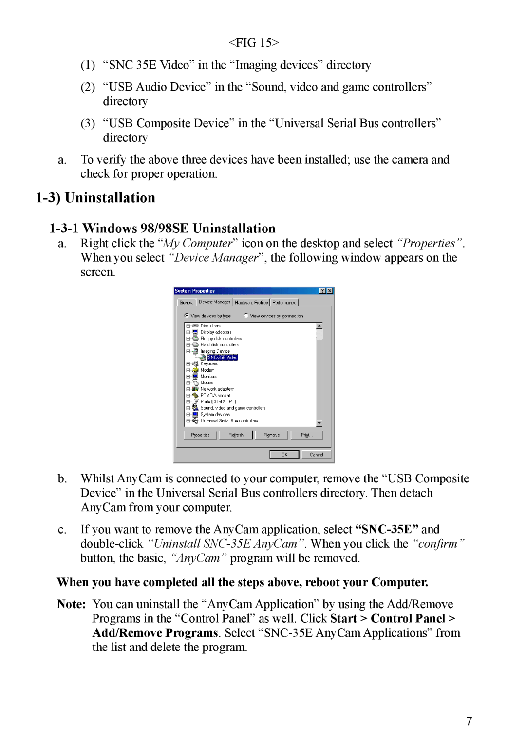 Samsung SNC-35E warranty Windows 98/98SE Uninstallation 