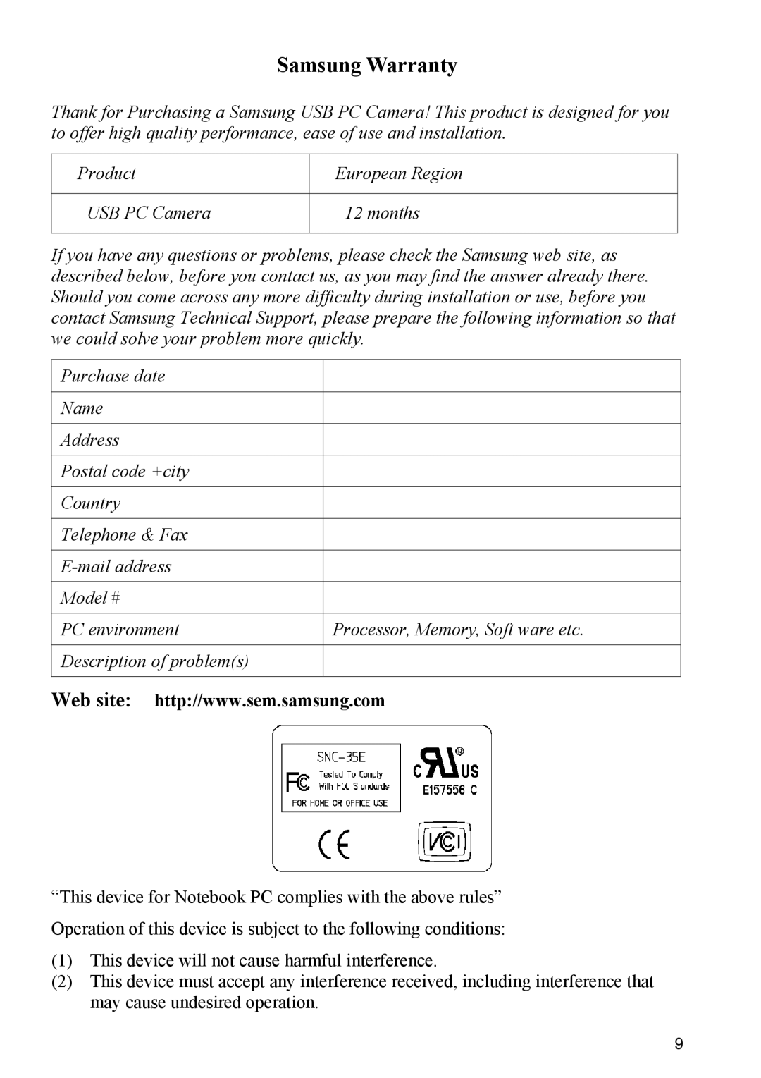 Samsung SNC-35E warranty Samsung Warranty 