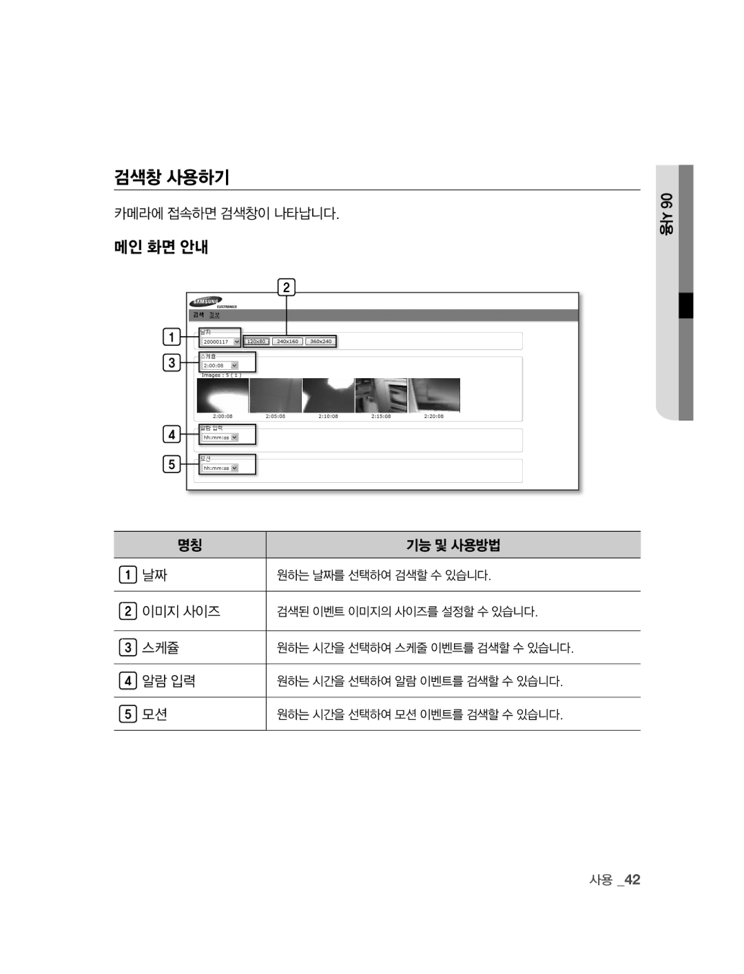 Samsung SNC-B2315 manual 검색창 사용하기, 카메라에 접속하면 검색창이 나타납니다, 이미지 사이즈, 스케쥴, 알람 입력 