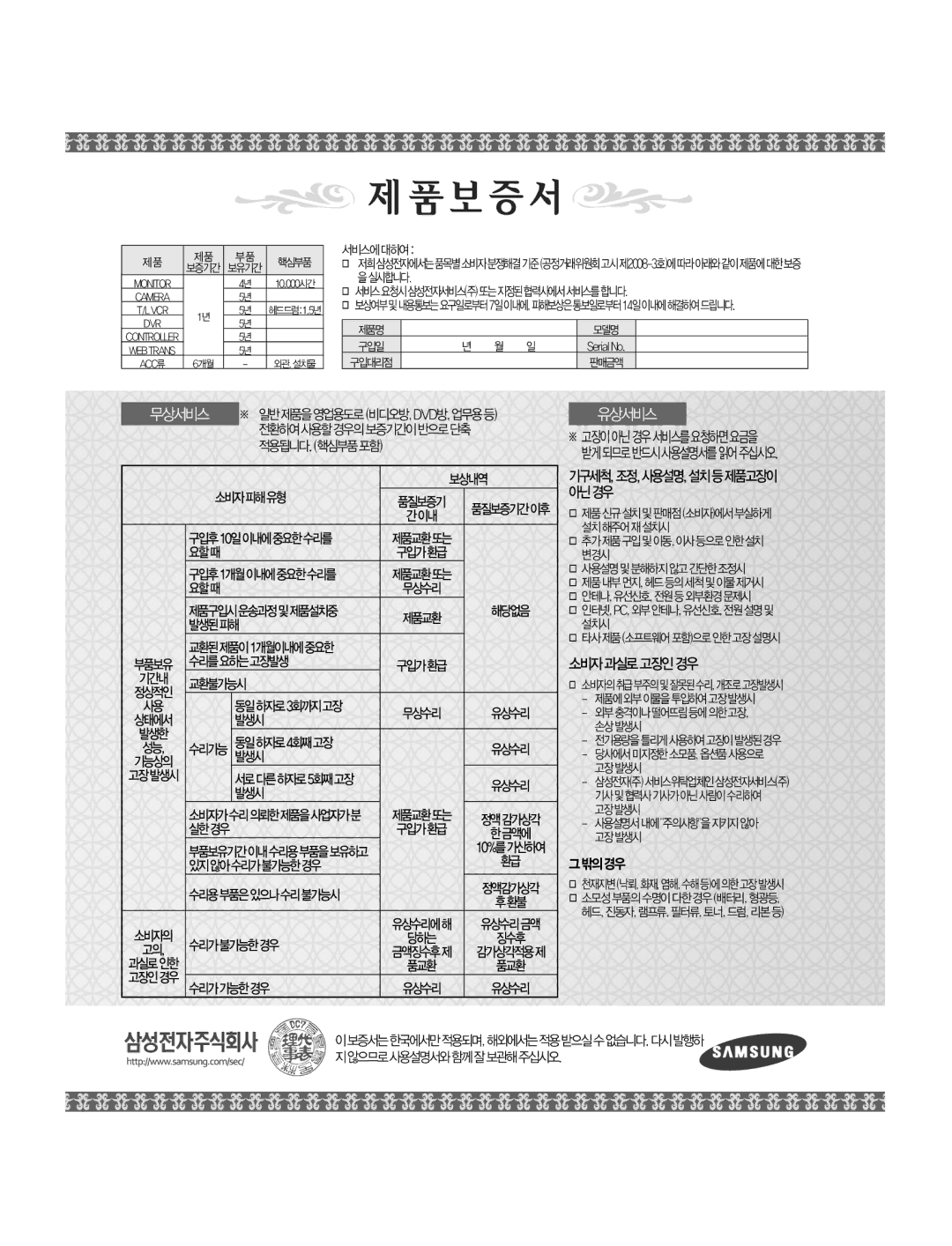 Samsung SNC-B2315 manual 무상서비스, 소비자과실로고장인경우 