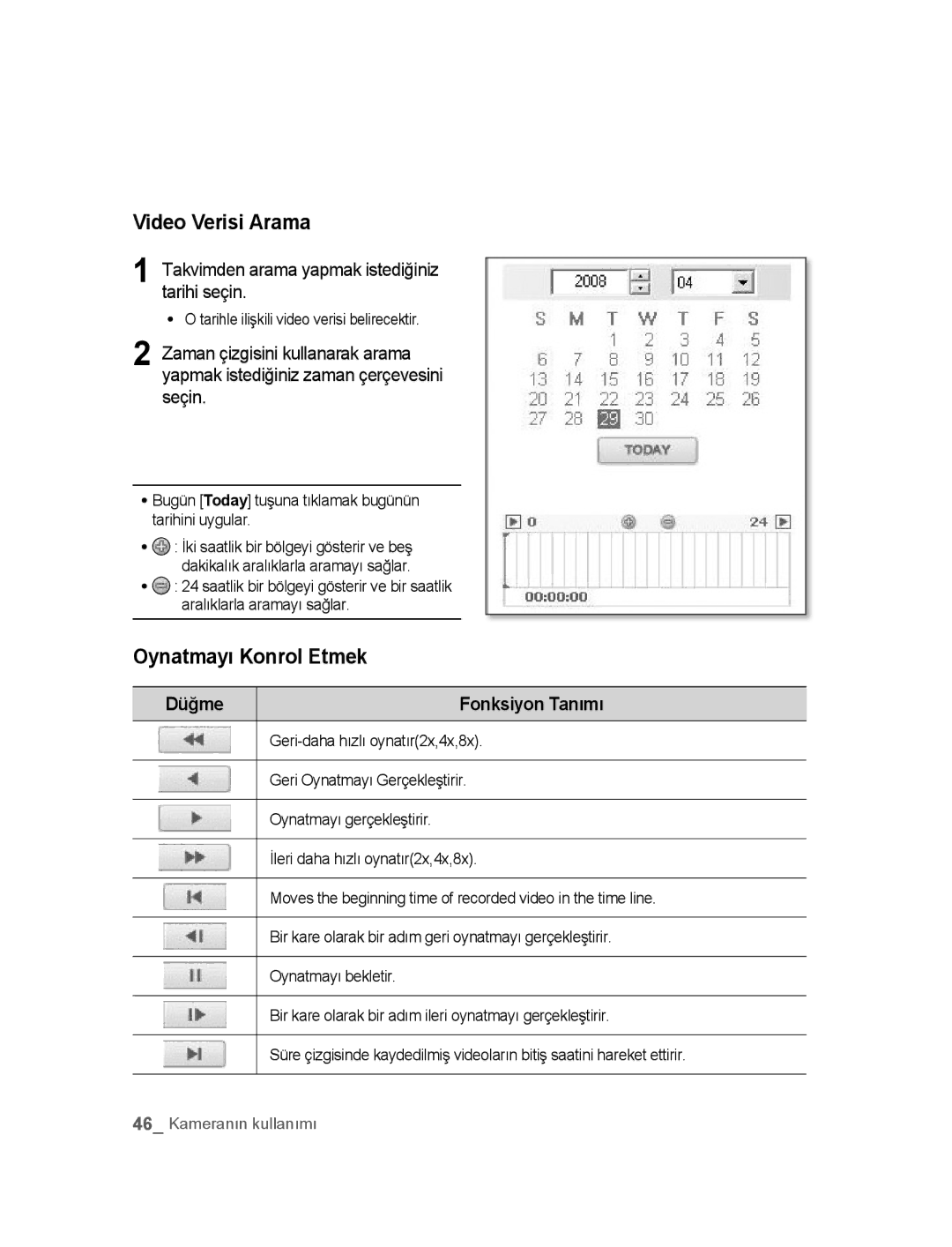 Samsung SNC-B2315P manual Video Verisi Arama, Oynatmayı Konrol Etmek, Takvimden arama yapmak istediğiniz tarihi seçin 