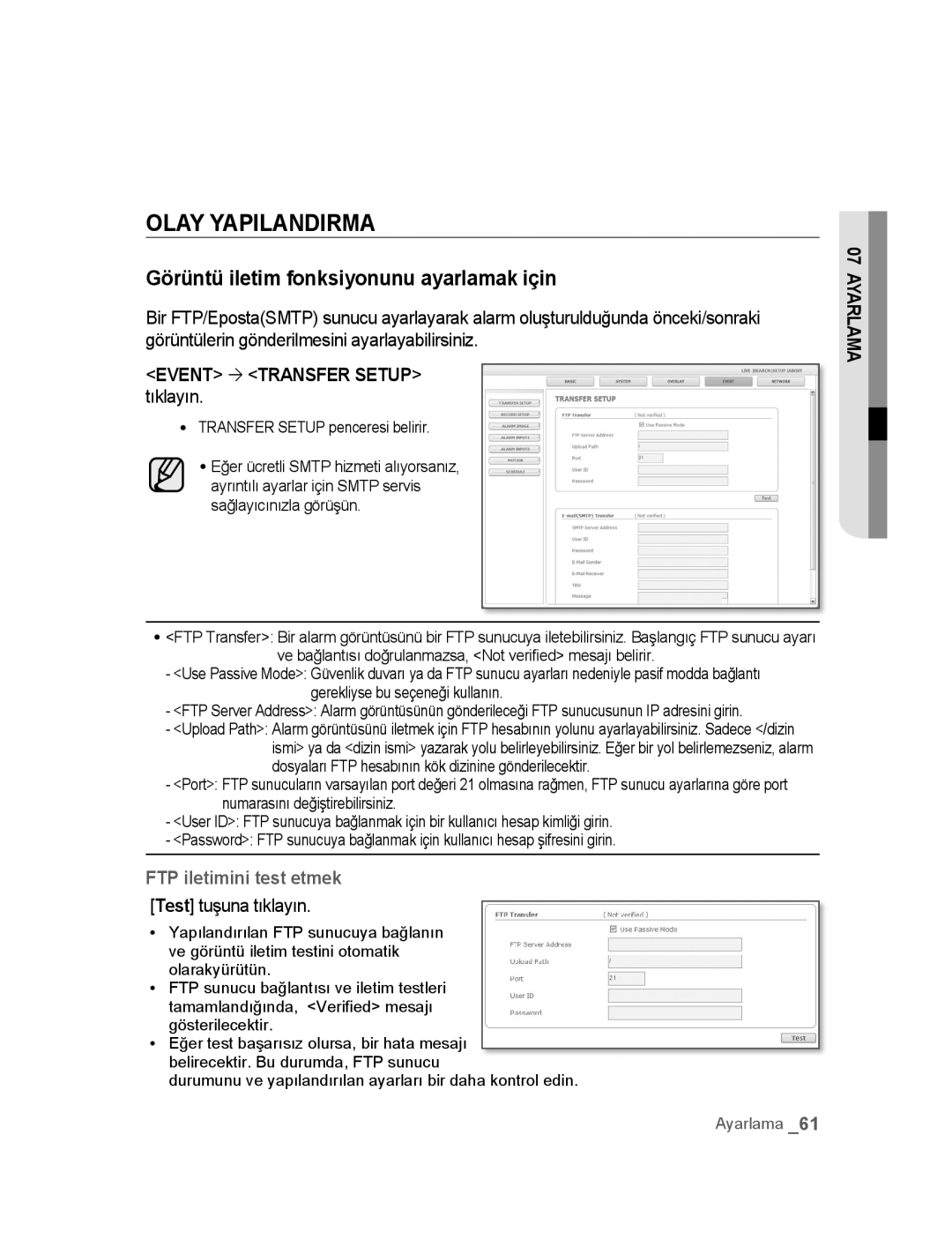 Samsung SNC-B2315P manual Olay Yapilandirma, Görüntü iletim fonksiyonunu ayarlamak için, Event ´ Transfer Setup tıklayın 