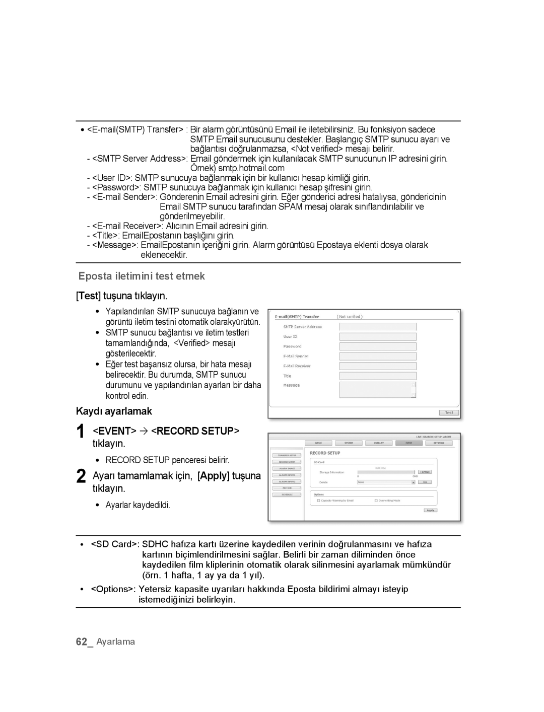 Samsung SNC-B2315P manual Kaydı ayarlamak Event ´ Record Setup tıklayın, Record Setup penceresi belirir 