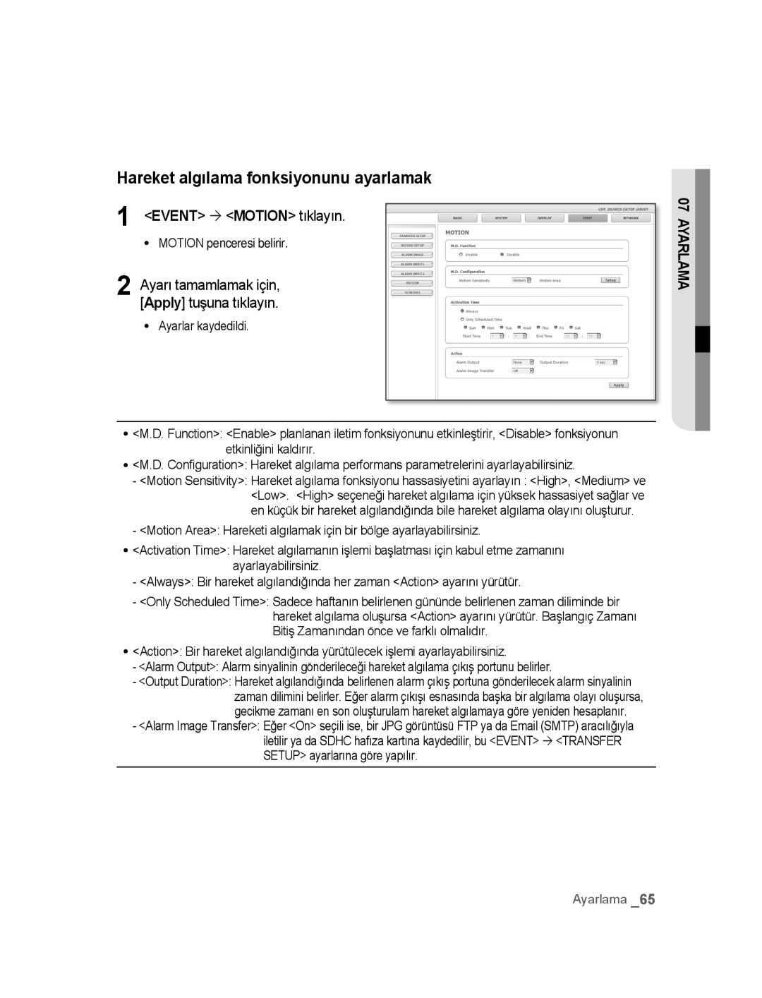 Samsung SNC-B2315P manual Hareket algılama fonksiyonunu ayarlamak 