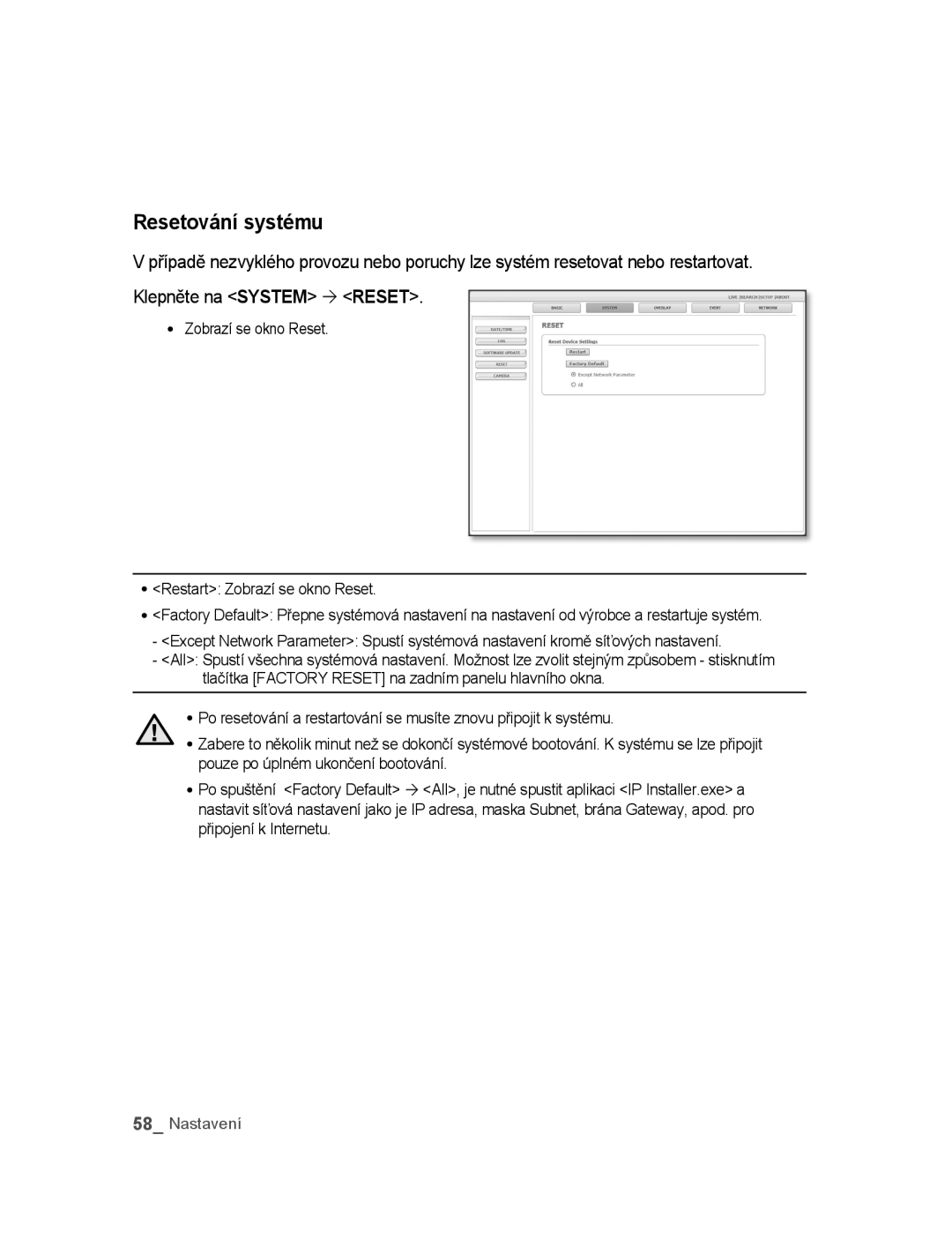 Samsung SNC-B2315P manual Resetování systému 