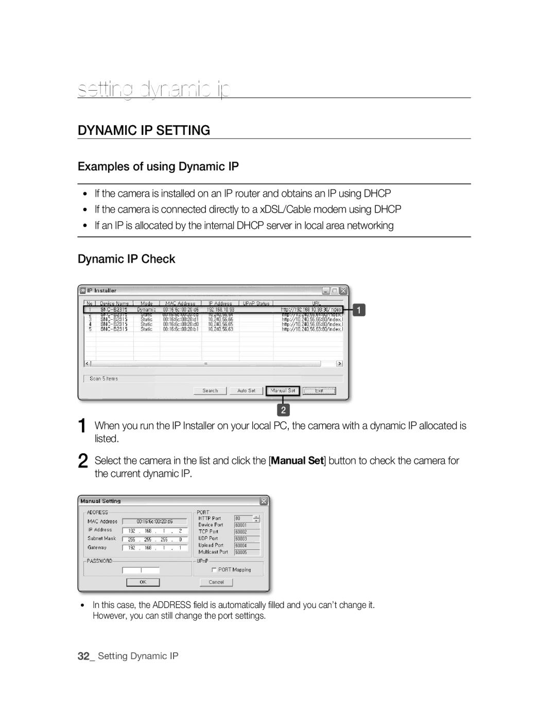 Samsung SNC-B2315P manual Setting dynamic ip, DyNAmIC IP Setting, Examples of using dynamic IP, Dynamic IP Check 