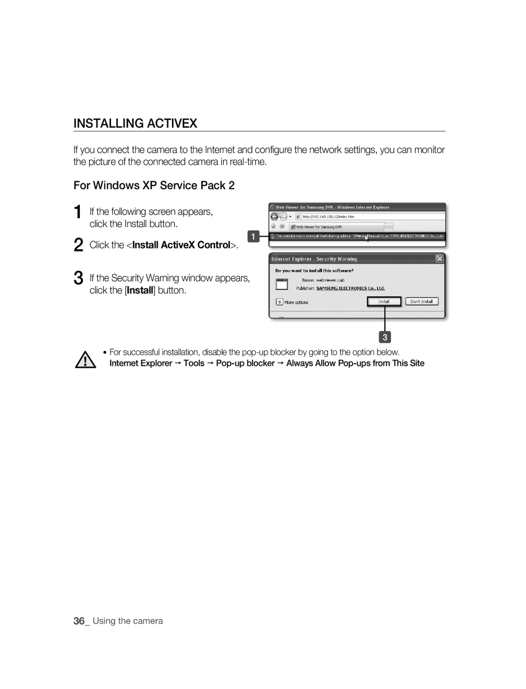 Samsung SNC-B2315P manual INSTAllING Activex, For Windows XP Service Pack, Click the Install ActiveX Control 