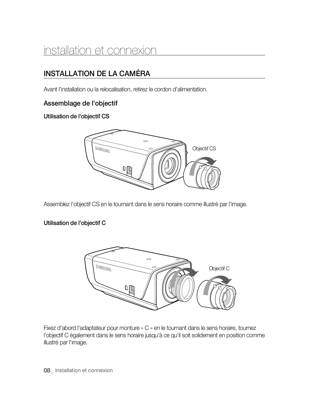 Samsung SNC-B2315P manual Installation et connexion, Installation DE LA Caméra, Assemblage de lobjectif, Objectif C 