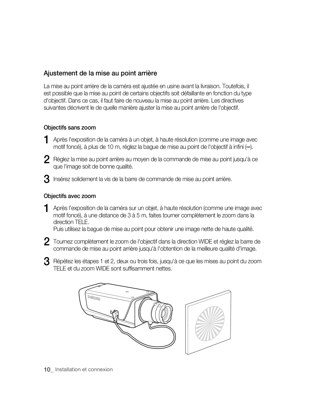 Samsung SNC-B2315P manual Ajustement de la mise au point arrière, Objectifs sans zoom 