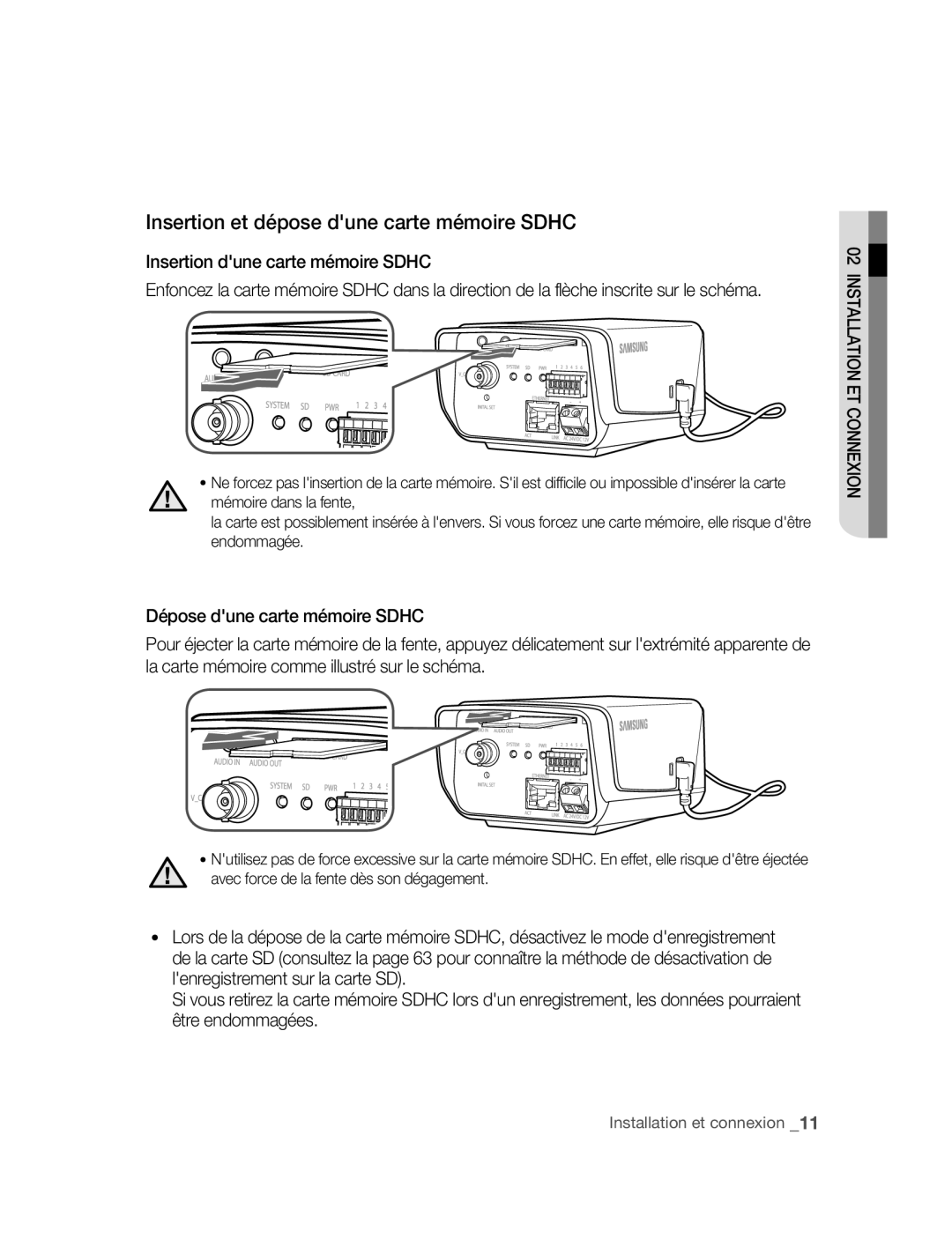 Samsung SNC-B2315P manual Insertion et dépose dune carte mémoire Sdhc, Insertion dune carte mémoire Sdhc 