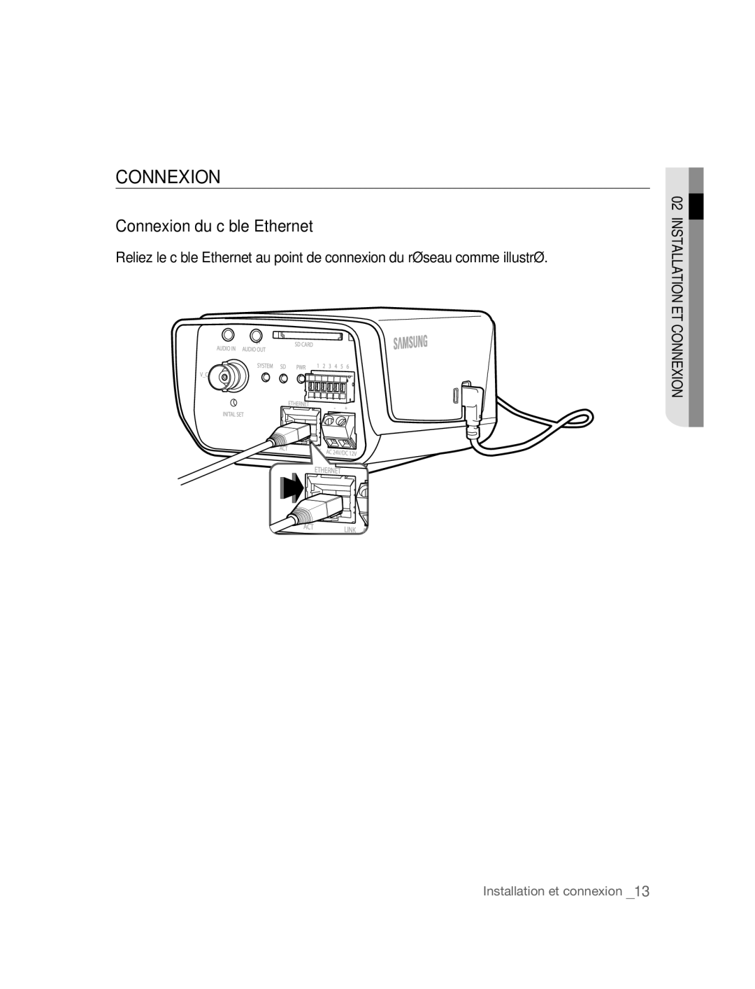 Samsung SNC-B2315P manual Connexion du câble Ethernet 