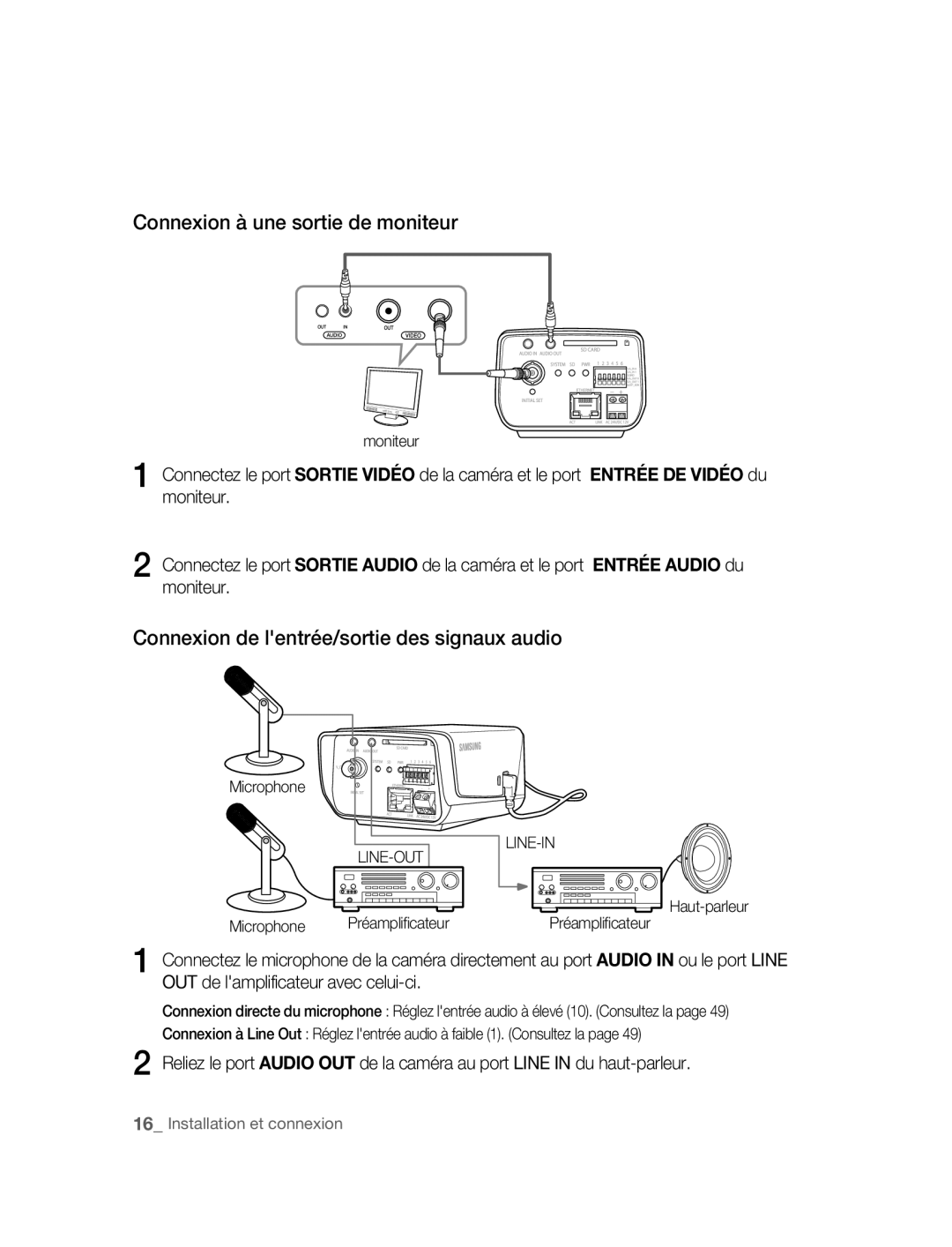 Samsung SNC-B2315P manual Connexion à une sortie de moniteur, Connexion de lentrée/sortie des signaux audio 