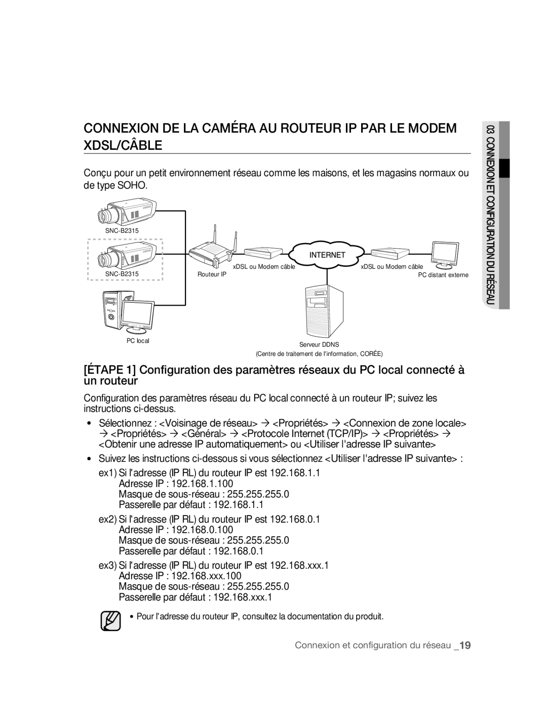 Samsung SNC-B2315P manual Connexion DE LA Caméra AU Routeur IP PAR LE Modem XDSL/CÂBLE 