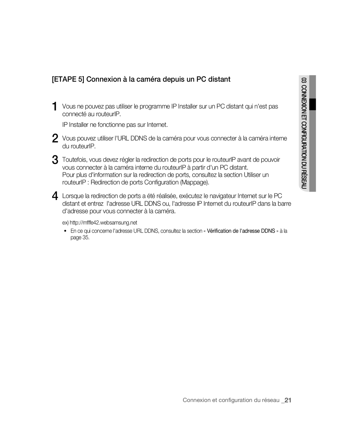 Samsung SNC-B2315P manual Etape 5 Connexion à la caméra depuis un PC distant 