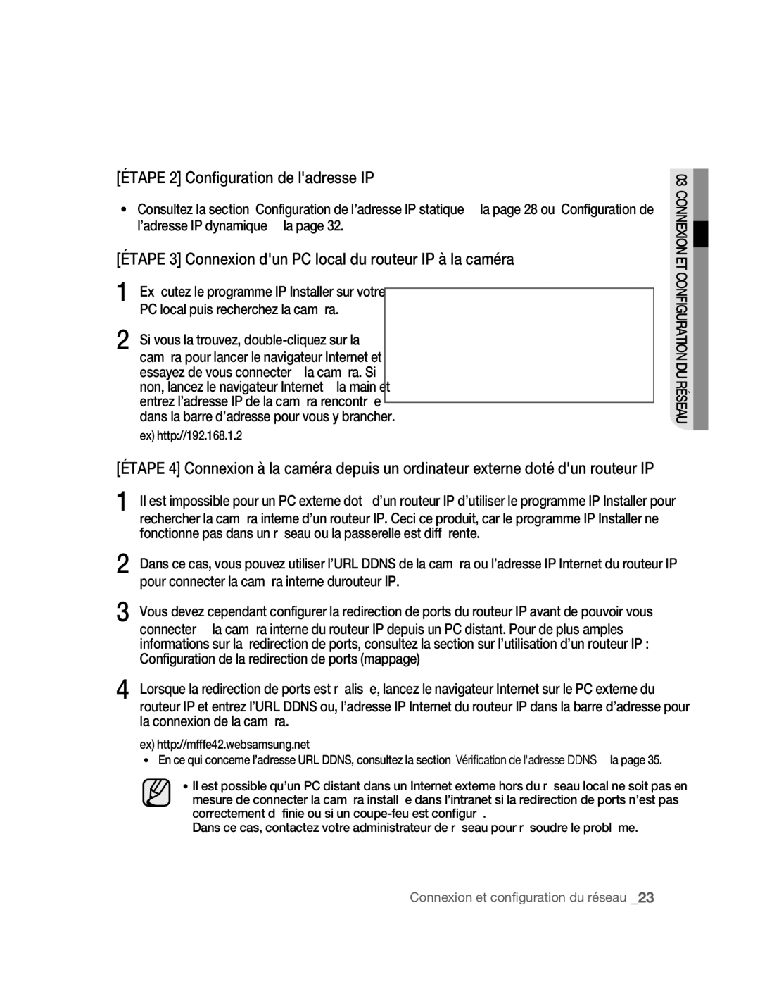 Samsung SNC-B2315P manual Étape 2 Configuration de ladresse IP, Étape 3 Connexion dun PC local du routeur IP à la caméra 