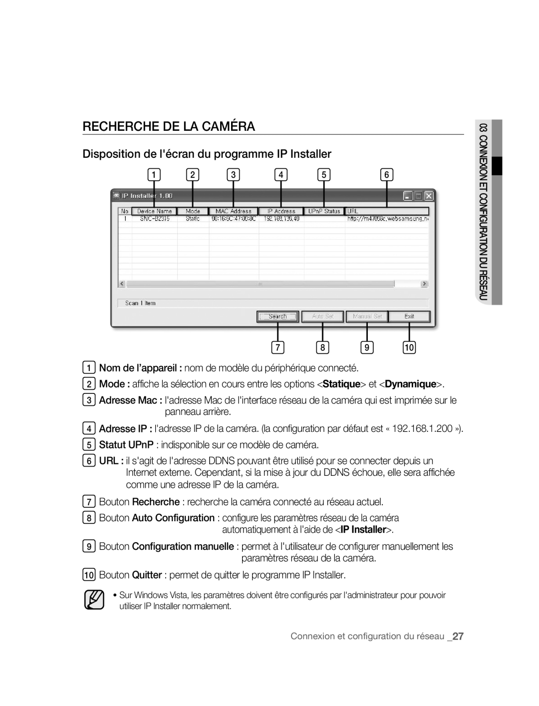 Samsung SNC-B2315P manual Recherche DE LA Caméra, Disposition de lécran du programme IP Installer 