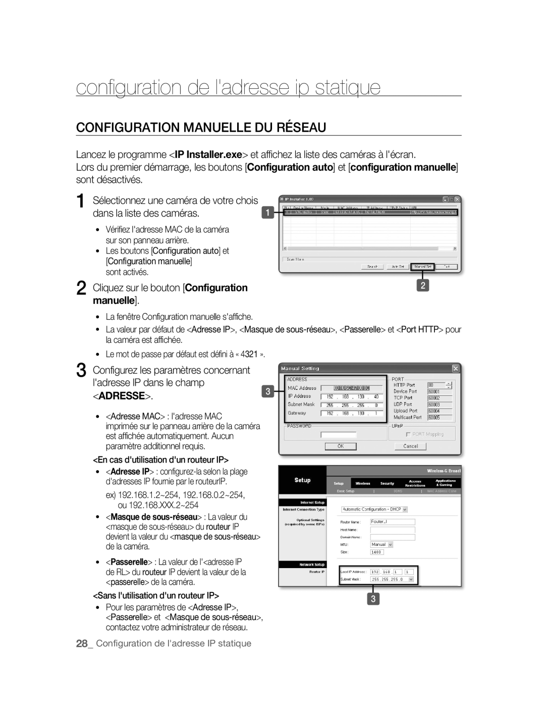 Samsung SNC-B2315P Configuration de ladresse ip statique, Configuration Manuelle DU Réseau, Dans la liste des caméras 