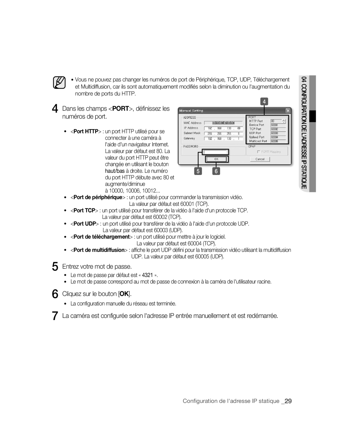 Samsung SNC-B2315P manual Numéros de port, Entrez votre mot de passe, Cliquez sur le bouton OK 