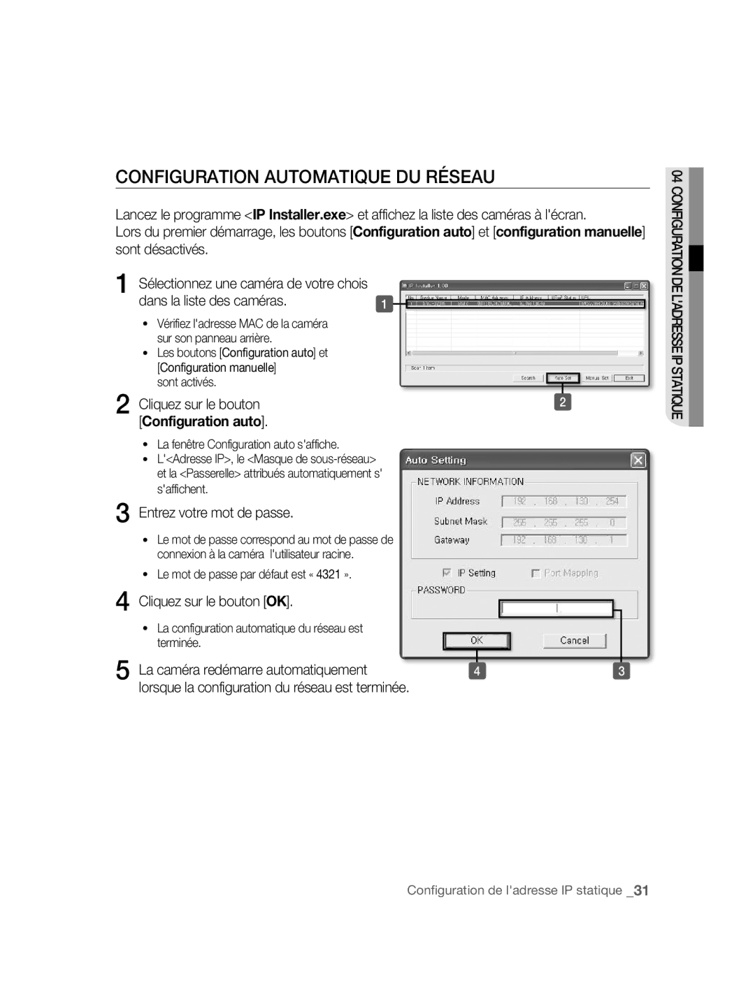 Samsung SNC-B2315P manual Configuration Automatique DU Réseau, Cliquez sur le bouton, Configuration auto 