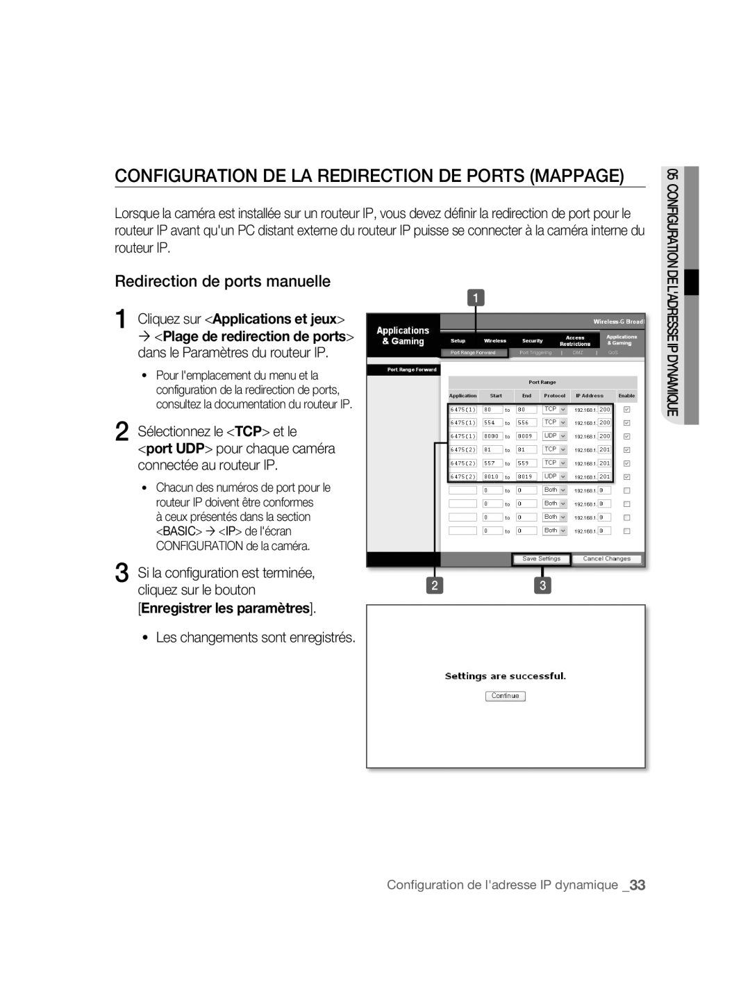 Samsung SNC-B2315P manual Configuration DE LA Redirection DE Ports Mappage, Redirection de ports manuelle 