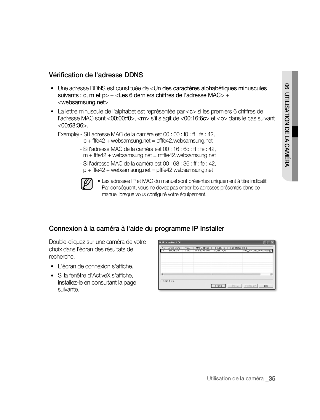 Samsung SNC-B2315P manual Vérification de ladresse Ddns, Connexion à la caméra à laide du programme IP Installer, 006836 