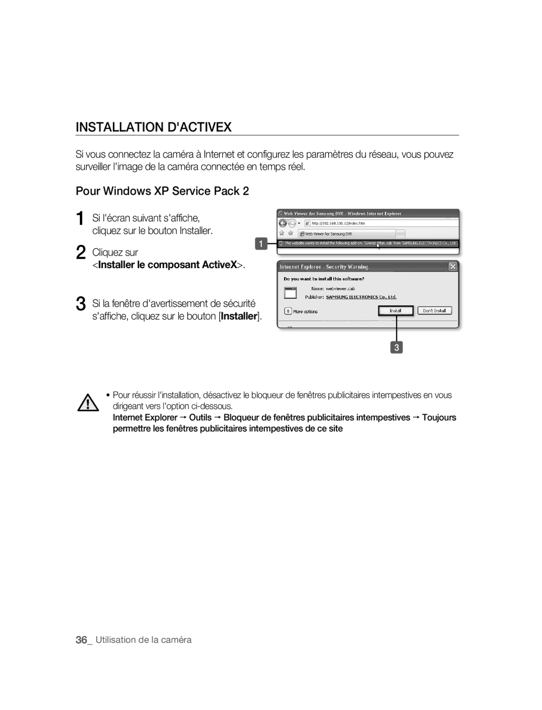 Samsung SNC-B2315P manual Installation Dactivex, Pour Windows XP Service Pack, Cliquez sur, Installer le composant ActiveX 