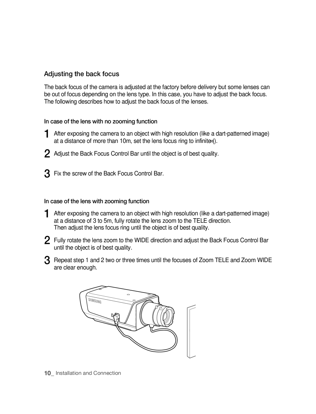 Samsung SNC-B2315P manual Adjusting the back focus, Case of the lens with no zooming function 